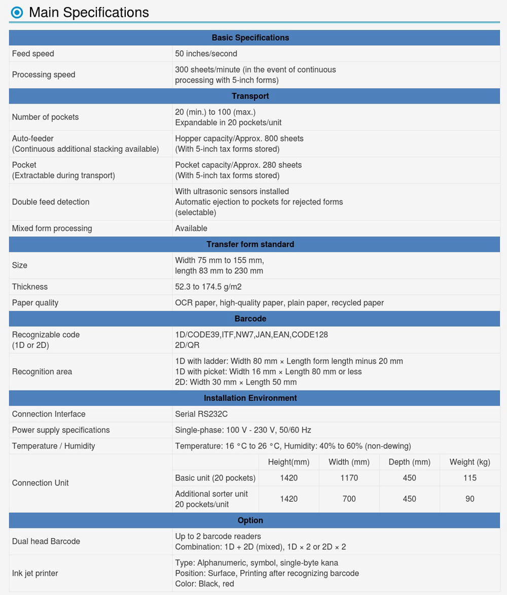 Separate Sorter  Model 300 Technical Specifications
